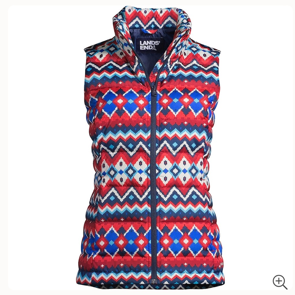 Lands’ End Down Puffer Vest Print Ivory Chevron Fairisle Medium 10-12 Cabin Ski